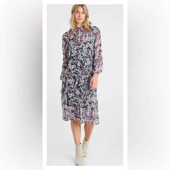 NEW Banana Republic Women's Navy Multi Floral Chiffon Midi Dress Feminine Boho - Picture 1 of 15